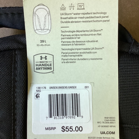 UNISEX NWT Under Armour Hustle 5.0 Waterproof Backpack Black and Silver Bag - Picture 10 of 10